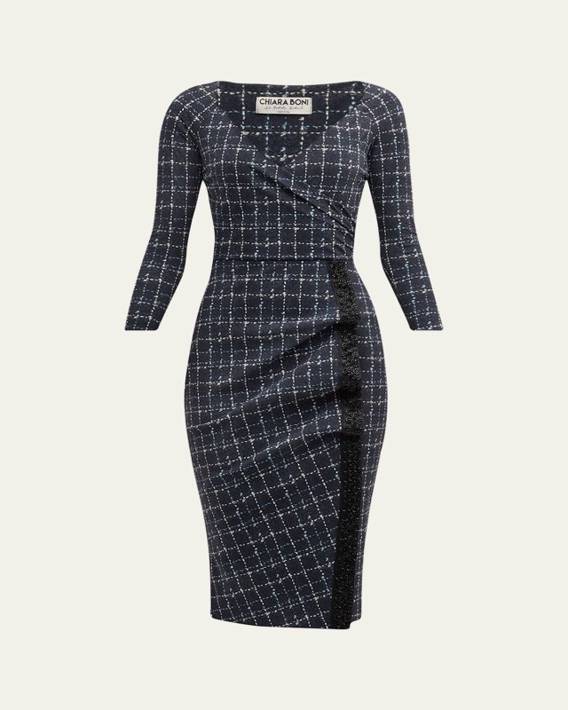 Beaded Grid-Print Bodycon Dress